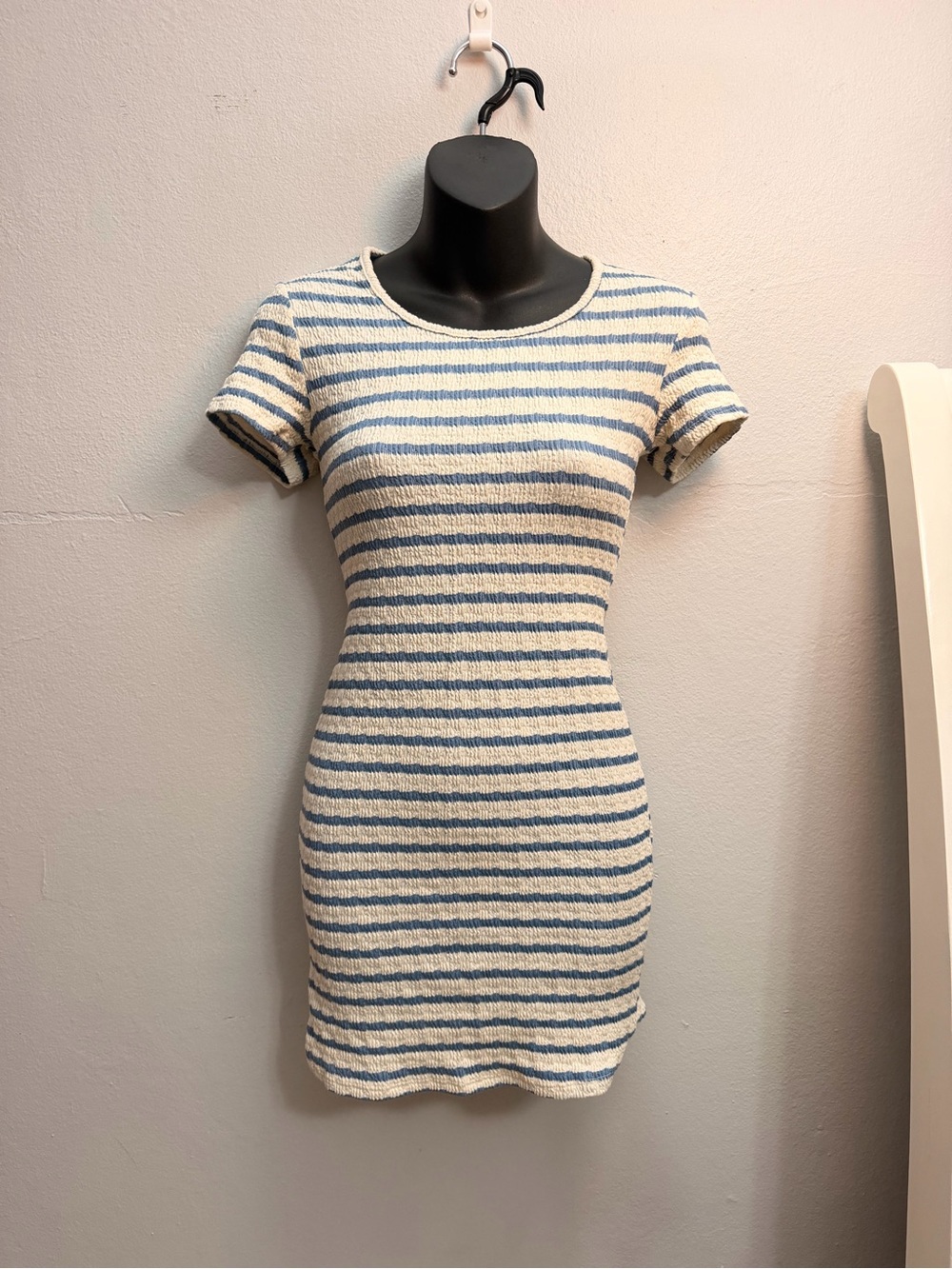 See You Monday Cream and Blue Striped Knit Mini Dress